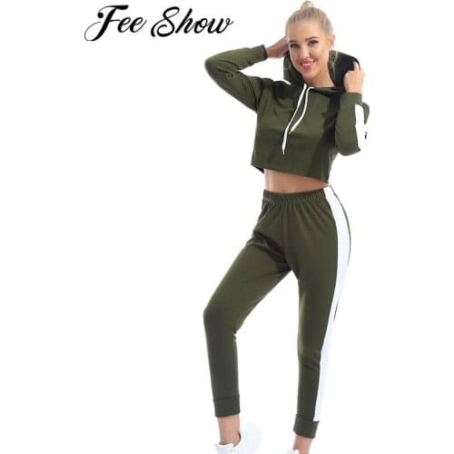2Pcs Women Casual Clothes Gym Running Tracksuits Yoga Fitness Suit Sportswear Hooded Long Sleeves Crop Top High Waist Pants Set
