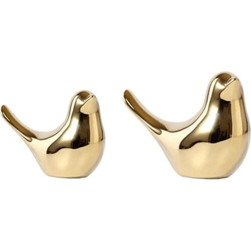 2 Pcs Polar House Golden Bird Figurines Ceramic Bird Statues Animal Sculpture Home Decoration Crafts Gold Ceramic,XL & S