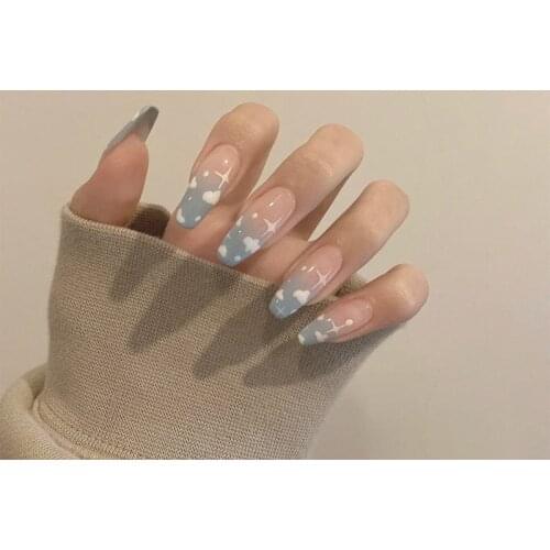 24pcs artificial nails with glue Cloud Pattern Adhesive Long Cute Manicure Patch press on nails coffin for girls