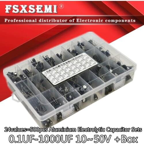 24values=500pcs Aluminium Electrolytic Capacitor Sets Electrolytic Capacitor Element Kit 0.1UF-1000UF 10~50V +Box