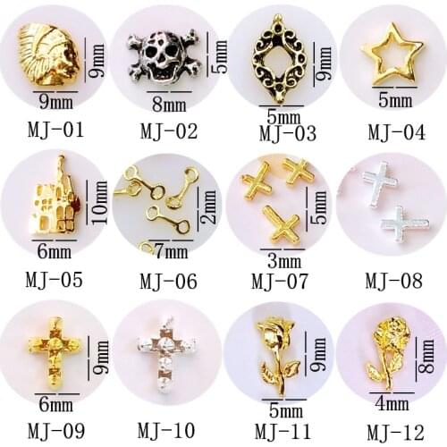 50pcs/pack metal nail art pharaoh ghost lips star castle cross rose flower 3d jewelry gel nails sticker decoration art tools