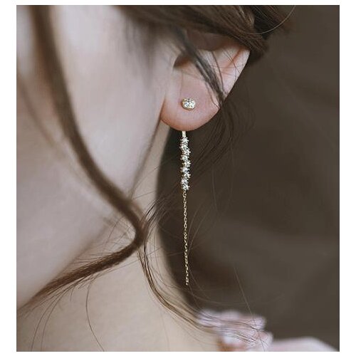 Authentic Real 100% 925 Sterling Silver fine Jewelry Prong CZ bar Ear piercing Earrings Tassel dangle C-G5376