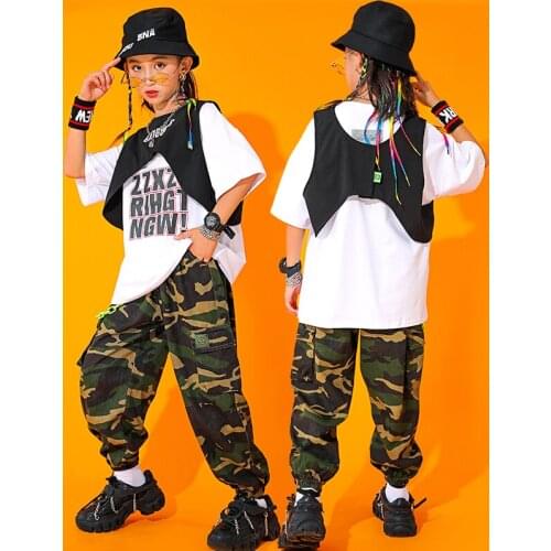Kids Hip Hop Dance Costume Fashion Camouflage Pants Boys Girls Short Sleeves Jazz Clothes Modern Dance Catwalk Rave Wear BL6466