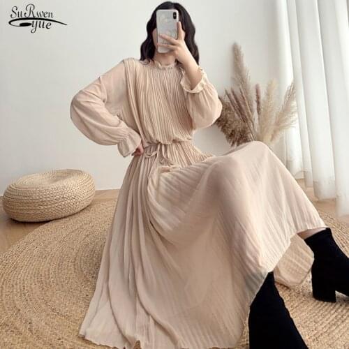 Elegant Spring Autumn Long Dress Plus Size Pleated Chiffon Dress Women Korean Style Loose High Waist Waistband Vestidos 12536
