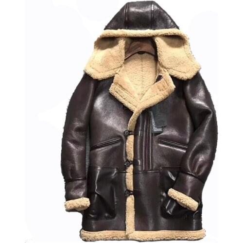 Denny&Dora Mens Genuine Shearling Coats Hooded Personality Leather Jacket,Luxurious Warmth