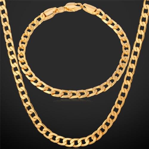 Men Bracelet Necklace Set With Stamp Trendy Men Chains Vintage 5MM 55CM 22'' Gold Color Fashion Jewelry Sets NH744