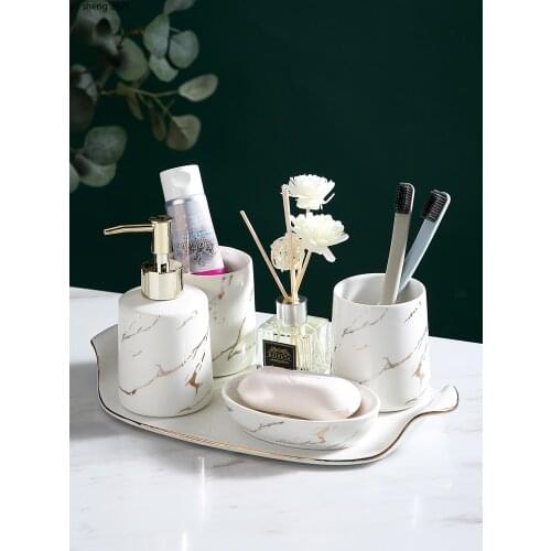 Luxury Ceramic Marble Pattern Bathroom Six-piece Home Bathroom Brushing Cup Lotion Bottle Soap Dish Tray Aromatherapy Combo Set