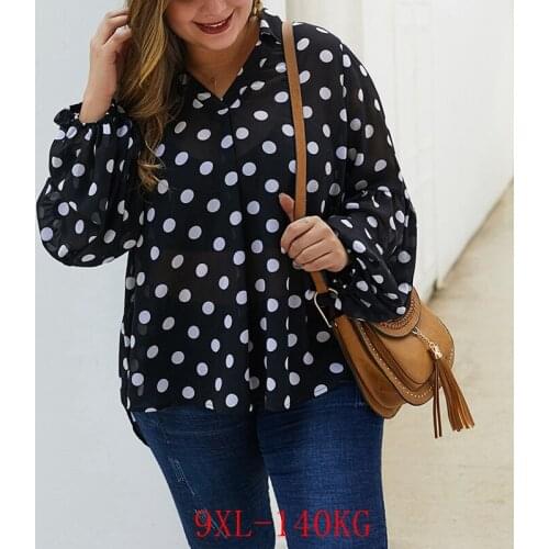 Autumn plus size chiffon shirt 6XL 7XL 8XL 9XL bust 146CM fashion women lapel polka dot long sleeve chiffon shirt
