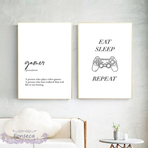 Gamer Noun Definition Quotes Poster Eat Sleep Repeat Gamepad Canvas Painting Wall Art Print Picture Boys Room Decor Gamer Gifts