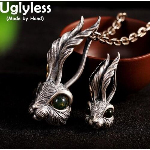 Uglyless Creative Bunny Jewelry Sets for Women Thai Silver Rabbits Earrings Pendants Necklaces NO Chains Garnet Animals Jewelry