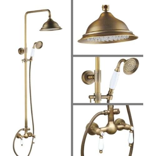 Vintage Retro Antique Brass Wall Mounted Bathroom 8.2" Round Rain Shower Head Faucet Set Dual Ceramic Handles Mixer Tap man116