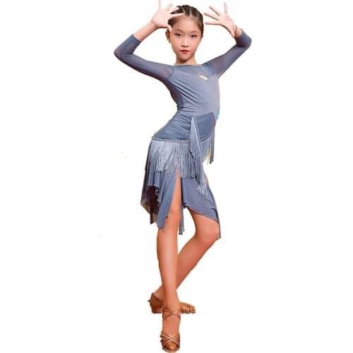 Latin Dance Competition Ballroom Tango Skirts And Dresses Girls Children Costume For Kids Salsa Sequin Dress Fringe Kid Child