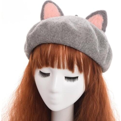 Cute Cartoon Beret Handmade Pink Women Cat Ears Hat Woolen Beanie Cap