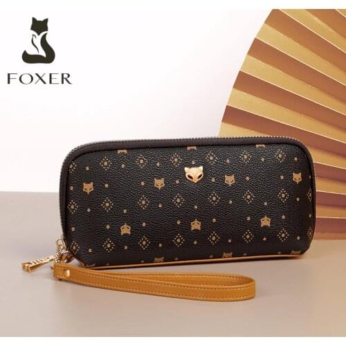 FOXER Female PVC Leather Chic Cosmetic Bag Women Coin Money Bag Clutch Wristlet Wallet with Strap Lady Classic Cellphone Purse