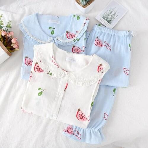 Womens Breastfeeding Pajamas Cotton Double Layer Gauze Pijama Mujer Thin Nursing White 2 Piece Women Wear Printing Sleepwear