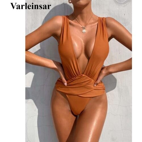 2021 New Sexy 3 Colors Deep V Neck Women Swimwear One Piece Swimsuit Female Padded Monokini Bather Bathing Suit Swim Lady V2926