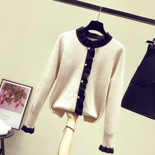 Ruffles Patchwork Knitted Women Sweater Cardigan Autumn New Solid Long-Sleeved Office Lady Elegant Outwear Coat Tops