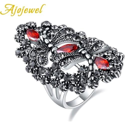 Ajojewel Brand Size 7-9 Vintage Double Dragonfly Ring Luxury Retro Red Zircon And Black Rhinestone Stone Party Jewelry For Women