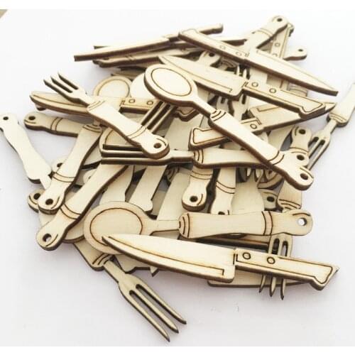 10pcs Wood Discs Slices Knife and Fork Spoons Eco Wooden Cutlery Set Shape Unfinished Wooden Cutouts Craft DIY Decoration