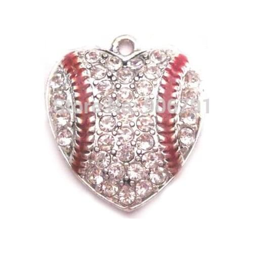 100pcs a lot antique silver color zinc studded with sparkling Baseball Crystal Heart Pendant