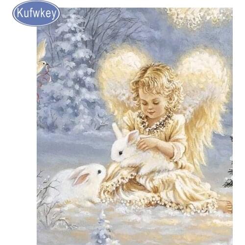 Kufwkey 5D DIY Diamond Painting angels and rabbit,Diamond Embroidery cartoon,Cross-Stitch,Mosaic diamond,sticker,home decoration