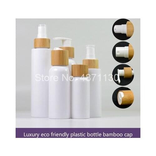 Bamboo cosmetic packaging pump sprayer wood screw cap empty white clear frosted plastic pet bottles 100 150ml 250ml 500ml bottle