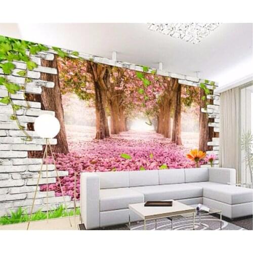 Beibehang Large Custom Wallpapers 3D Stereo Brick Wall Romantic Sakura Avenue Backdrop Home Decor