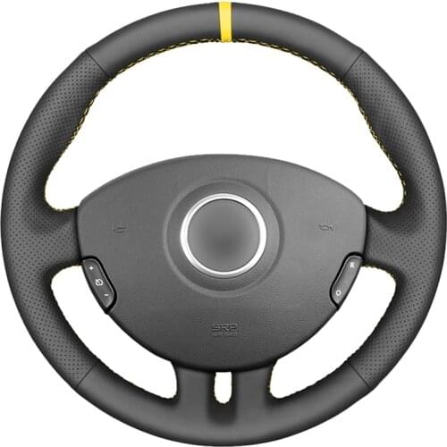 Black PU Faux Leather Yellow Marker Hand-stitched Car Steering Wheel Cover for Renault Clio 3 2005-2013 Clio 3 RS 2005-2013