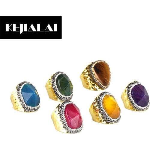 Dankaishi Colorful Druzy Stone Crystal Rings for Women Men Boho Style Jewelry Natural Stone Paved with Rhinestone Best Gift