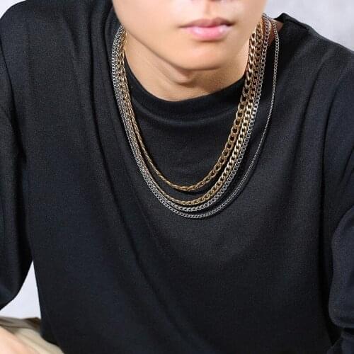 Cuban Link Chain Necklaces Men Gold Black Silver Color Tone Stainless Steel Male Choker Collar Accessory