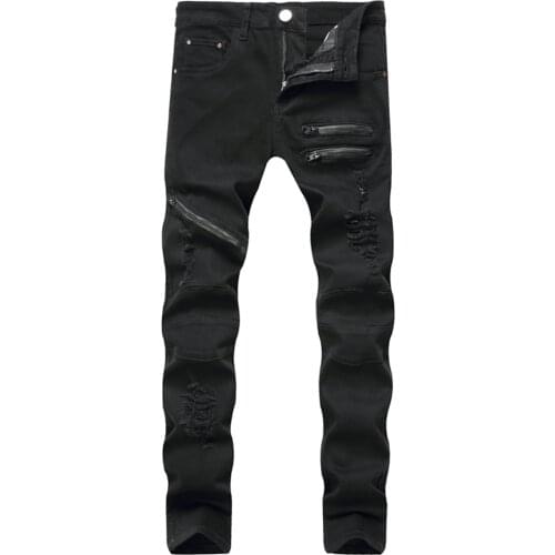 2021 Spring and Autumn New Fashion Casual Mens Solid Color Zipper Decoration Holes Slim Hip-hop Denim Jeans for Men