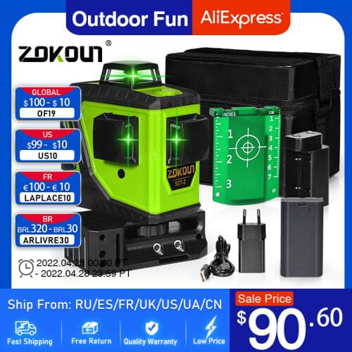 ZOKOUN 93T-2 Upgrade 3D 12 Lines Green Laser Level 360° Self-Leveling Tilt Slash Mode Horizontal & Vertical Cross Line Measure