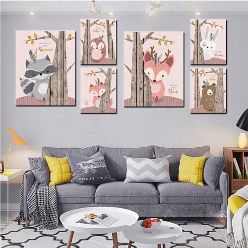 Simple Nordic Style Cartoon Animal Print Canvas Painting Bunny Fox Deer Hiding Poster Childrens Room Wall Art Decor Pictures