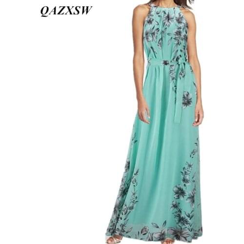 QAZXSW Summer Dress Blue With Belt Sexy Women Chiffon Dress Floral Print O Neck Sleeveless Party Beach Long Boho Dress YX117