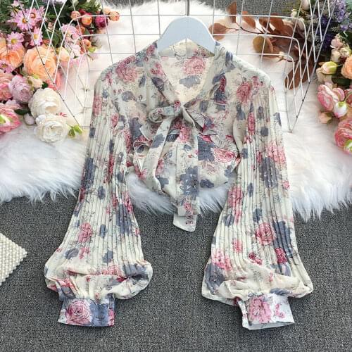 French Retro Floral Chiffon Shirt Womens Lantern Long Sleeve Spring Autumn New Loose Bow Collar Printed Blouse And Tops zh579