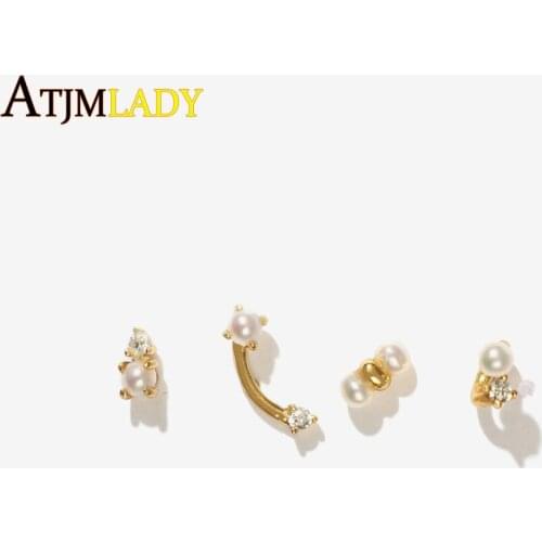Classic Gold filled 4pcs/set Earrings for Woman with white sea fresh pearl Earrings cz studs jewelry wedding party Gift