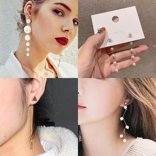Trendy Fashion Imitation Pearl Long Pendant Earrings Size Pearl Personality Versatile Tassel Earrings For Women Wedding Jewelry