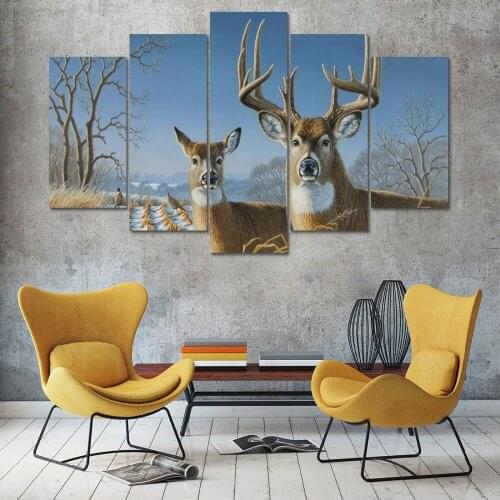 Modern Home Wall Art Decor Pictures 5 Pieces Grassland Animal Deer Snowfield Landscape HD Print Painting On Canvas(No Frame)