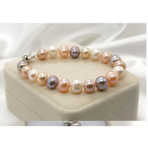 Wedding Woman Jewelry Bracelet 10mm Bright Colorful Mixed Real Natural Freshwater Pearl Round Bracelet Rose Clasp