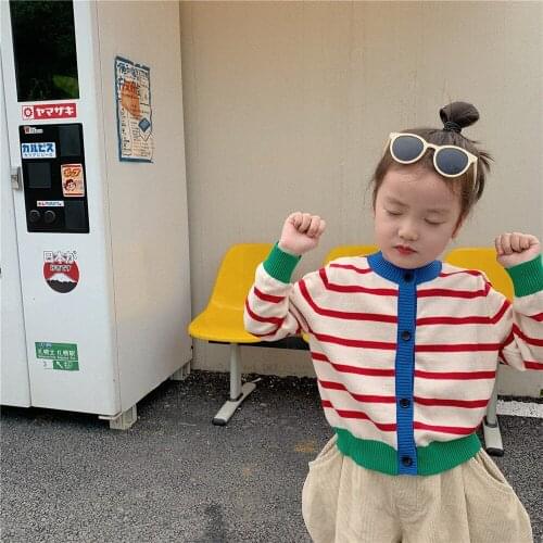 2021 new style girls striped knitted sweater cotton autumn fashion kids cardigan 2-7 years