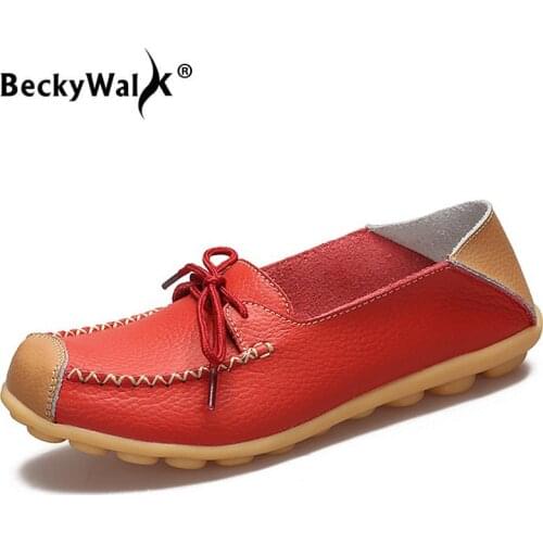 BeckyWalk 2021 Genuine Leather Plus Size Shoes Women Soft Non-slip Flats Shoes Woman Loafers Soft Women Leather Shoes WSH2698