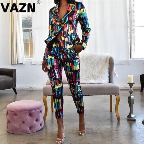 VAZN ALS062 Hot Outfits Young Lady Of Note Retro Office Style Full Sleeve Suits Group Long Pencil Pants Women 2 Piece Set