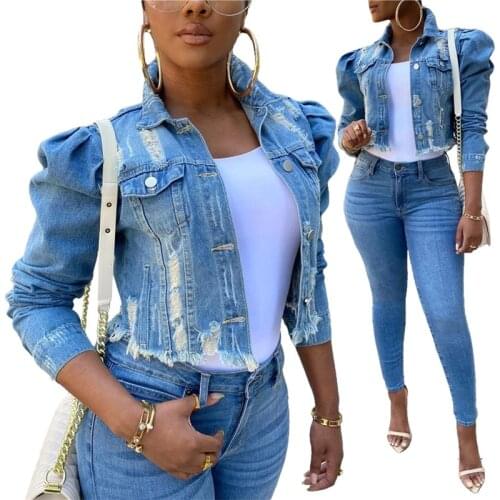 Women Jacket Casual Long Puff Sleeve Button Down Cropped Jean Coats Outerwear Fall Spring Fashion Denim Crop Jacket Streetwear