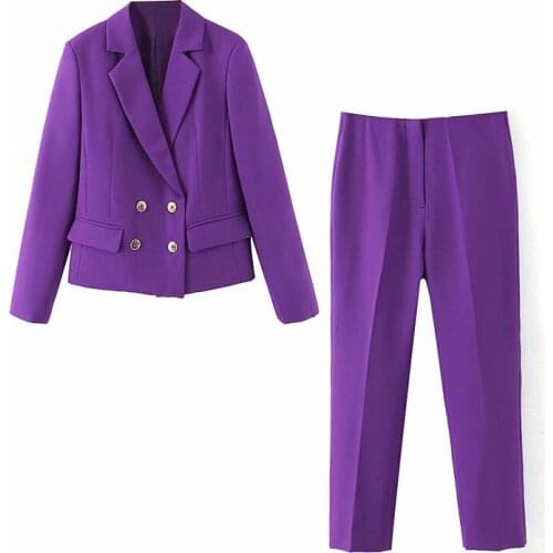 Womens suit purple fashion double-breasted female casual suit 2 piece set suit blazer trouser womens pantsuits костюм летний