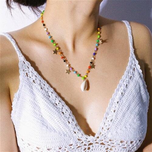Beach Shell Pendant Necklace Jewelry Bohemian Colorful Beaded Chain Choker Necklaces For Women Gift Star Dangle Collier Femme