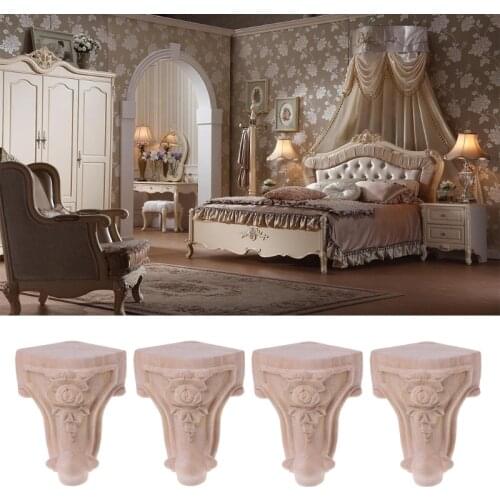 4 PCS Wooden Furniture Legs Solid Wood Flower Carved TV Cabinet Seat Feet No Painting