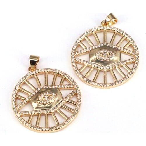 5Pcs, CZ Micro Pave Hollow out Round With Evil Eye Pendant, Cz Zircon Gold Filled Necklace Pendant