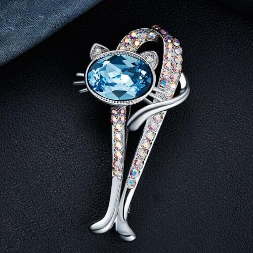 COCOM Luxury Lovely Cat Rhinestone Brooch Blue Austrian Crystal Collar Clips Brooches for Women Animal High Quality Accessories