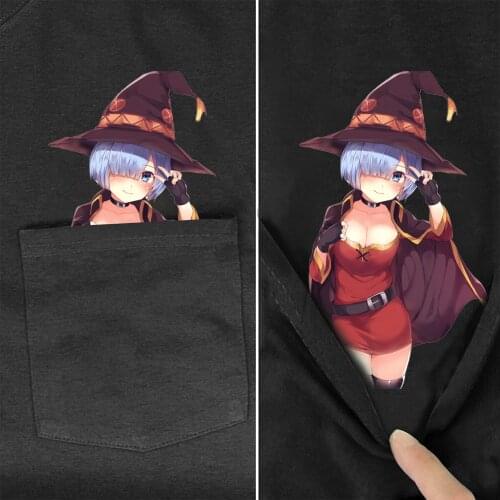 Anime Girl Megumin Konosuba Cotton TShirt Summer Pocket Printed Casual Shirt Men Women Short Sleeve Tops Funny Cotton Black Tees