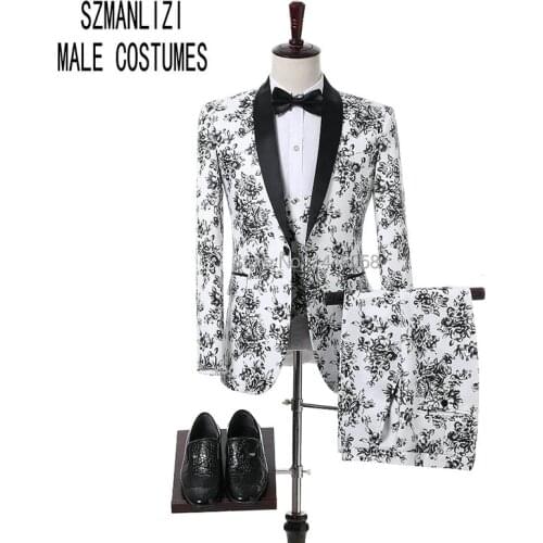 Custom Tailor Made Men Wedding Suits Fashion Design Slim Groomsmen Wedding Groom Tuxedo White And Black Rose Men Suits 3 Pieces